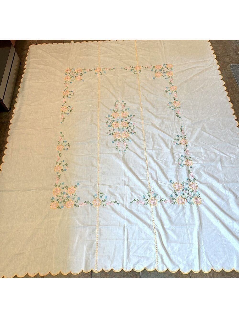 Vintage Embroidered Tablecloth Large Scalloped Edge 88x102” Floral Nylon Blend